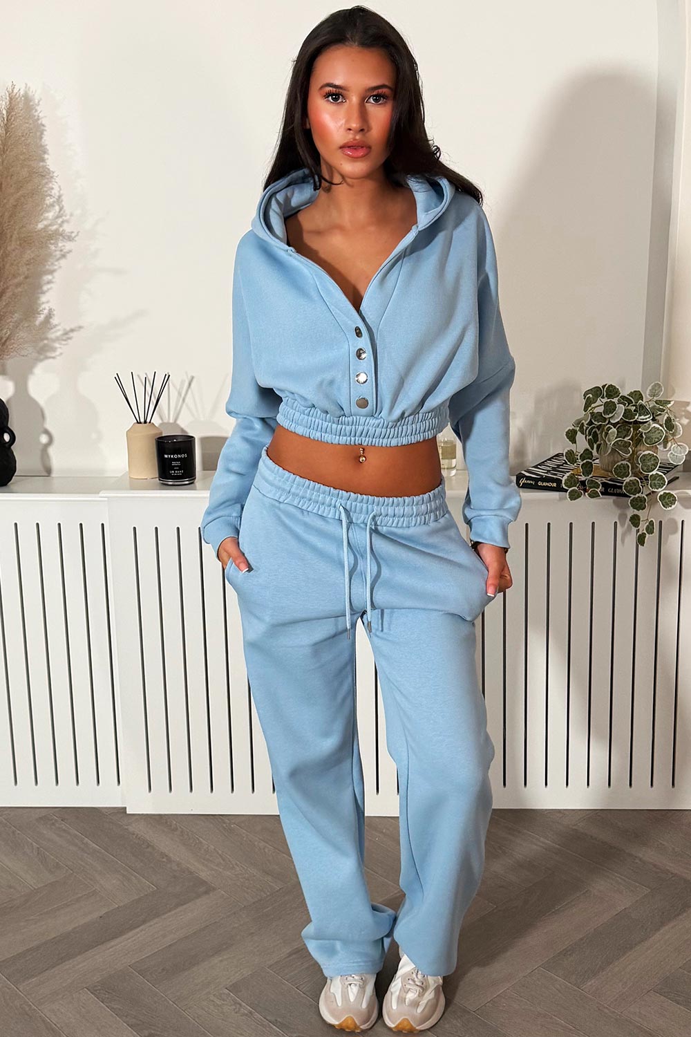 button up crop hoodie and wide leg joggers tracksuit set baby blue styledup fashion 
