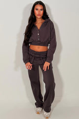 womens crop button up hoodie and wide leg joggers tracksuit set charcoal 