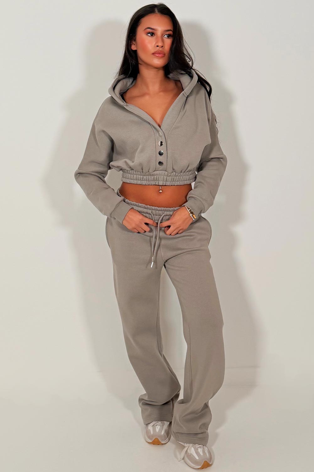 button up crop hoodie and wide leg joggers tracksuit set charcoal styledup fashion 