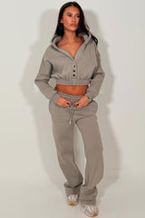 button up crop hoodie and wide leg joggers tracksuit set charcoal styledup fashion 