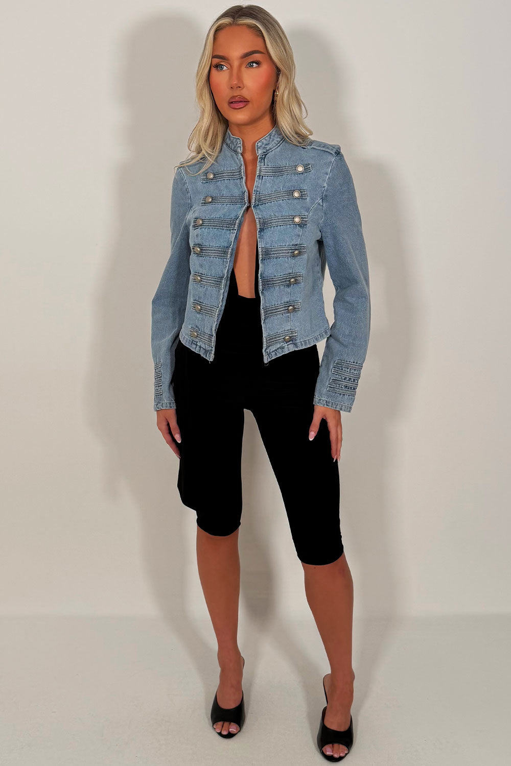 womens zara denim jacket with buttons long sleeve round neckline uk