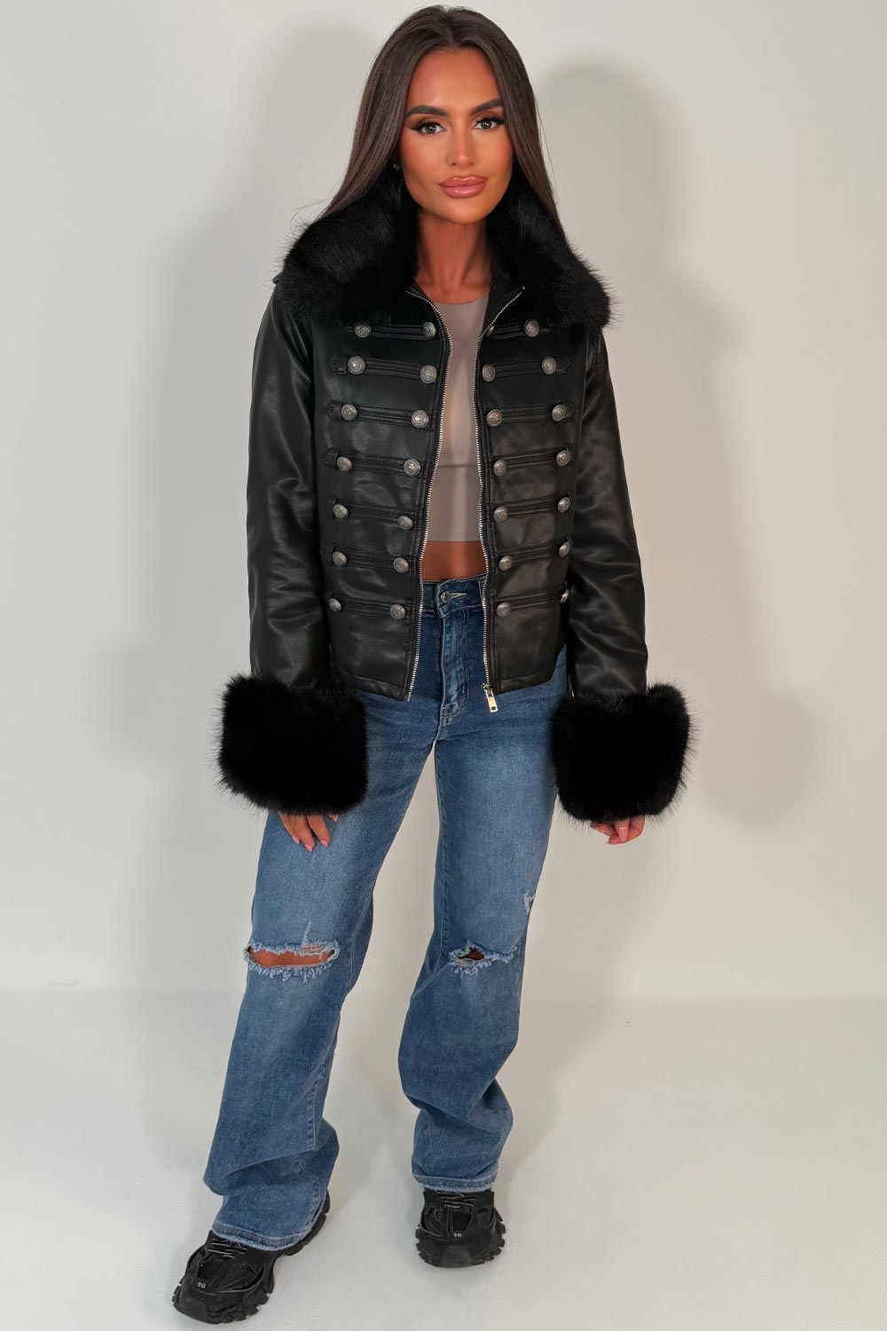 faux fur cuff faux fur collar faux leather jacket with military style buttons styledup uk