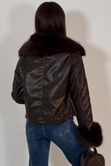 brown faux leather faux fur cuff faux fur collar jacket womens zara uk