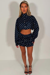 polka dot crop jacket and ruffle frilly skort two piece outfit set going out festival rave outfit