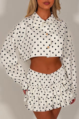 polka dot long sleeve crop jacket and ruffle frilly skort two piece set styledup going out outfits