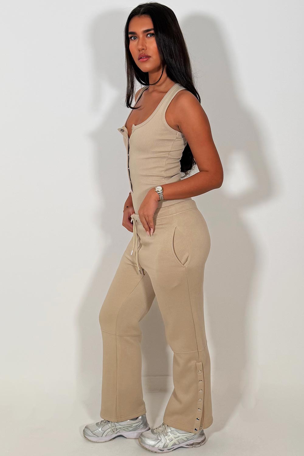 wide leg joggers and ribbed bodysuit top lounge set for womens casual use in beige colour styledup 