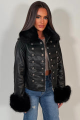 womens black faux collar faux fur cuff faux leather jacket military styledup uk