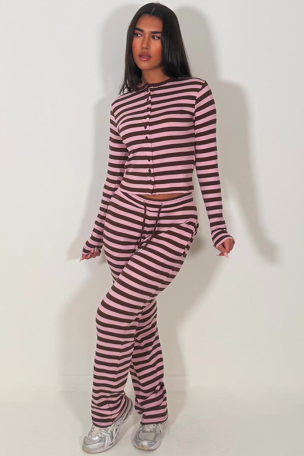 striped wide leg trouser and long sleeve button up top co ord lounge set for womens styledup