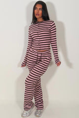 striped wide leg trouser and long sleeve button up top co ord lounge set for womens styledup