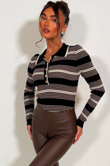 long sleeve knitted bodysuit top with collar and gold buttons brown styledup