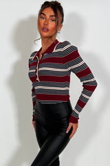 long sleeve knitted bodysuit top with gold buttons striped knitted styledup
