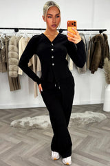 womens long sleeve top with buttons and wide leg trousers co ord set two piece outfit black styledup 