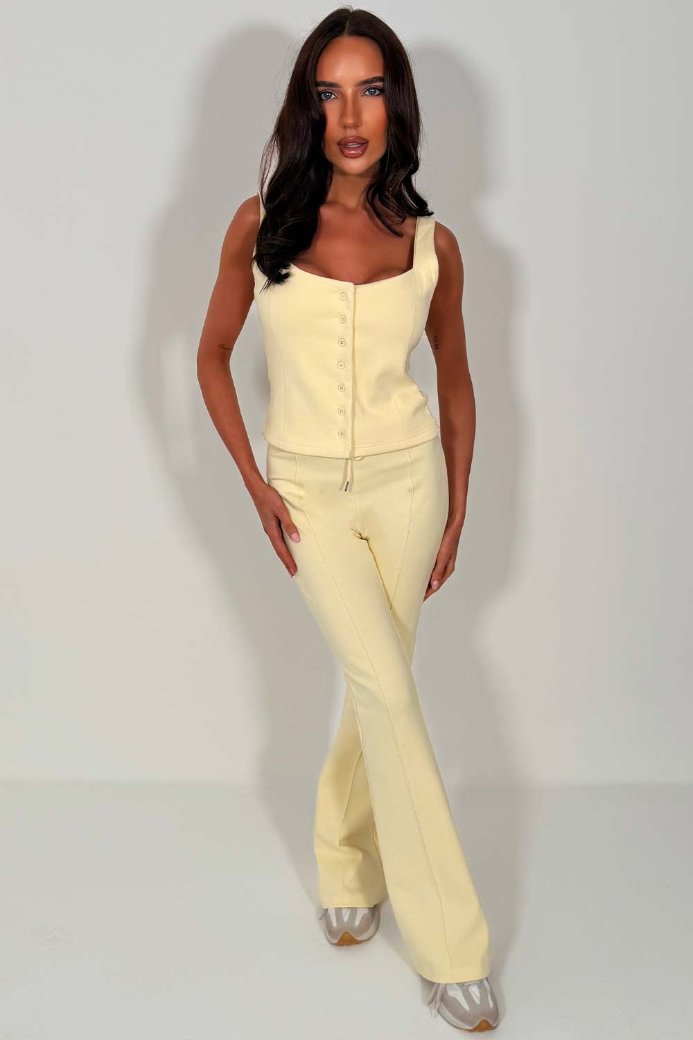 button up sleeveless top and trousers two piece co ord set pink styledup