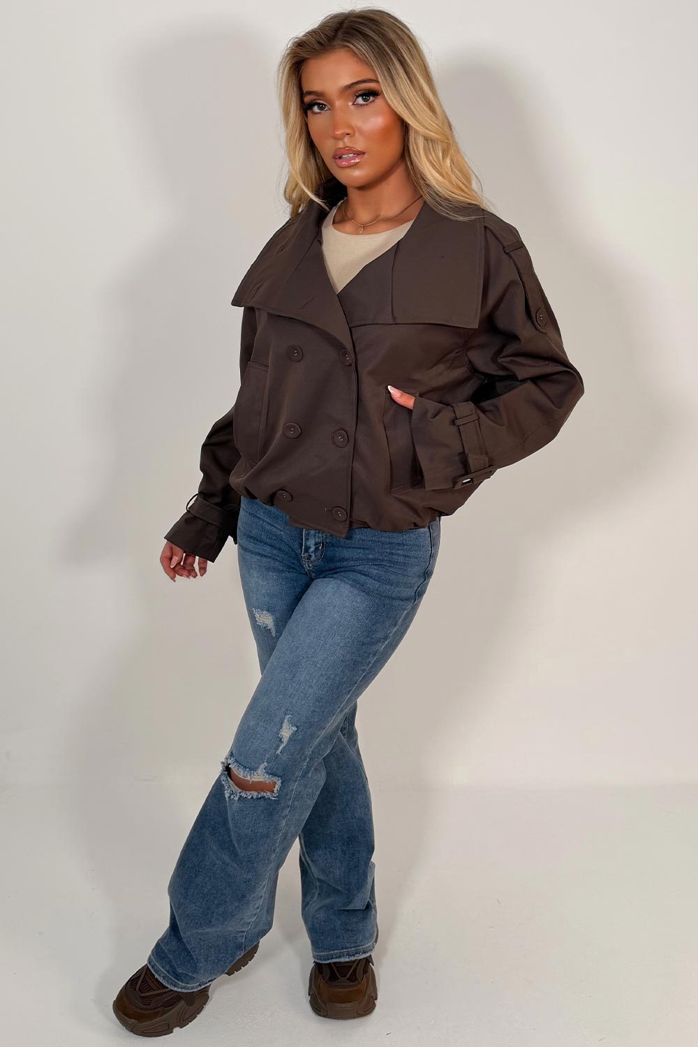 funnel neck crop trench jacket styledup uk