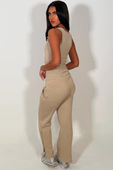 womens loungewear set beige wide leg joggers and ribbed bodysuit top tracksuit airport outfit 