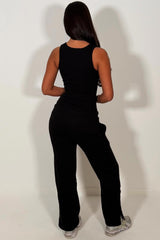 womens loungewear set black wide leg joggers and ribbed bodysuit top tracksuit airport outfit 