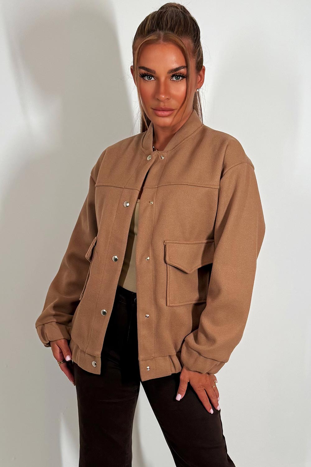 long sleeve soft bomber jacket with front button fastening zara womens outerwear 