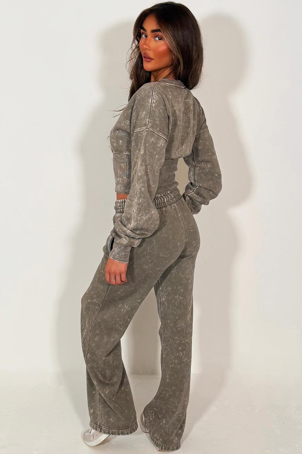 womens crop compress waist button up sweatshirt and wide leg jogger two piece tracksuit acid wash set loungewear co ord 