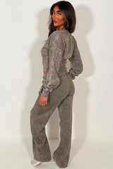 womens crop compress waist button up sweatshirt and wide leg jogger two piece tracksuit acid wash set loungewear co ord 