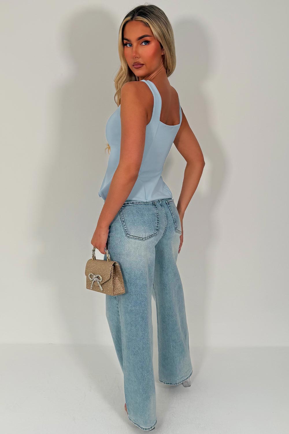 going out gold button peplum hem top styledup 