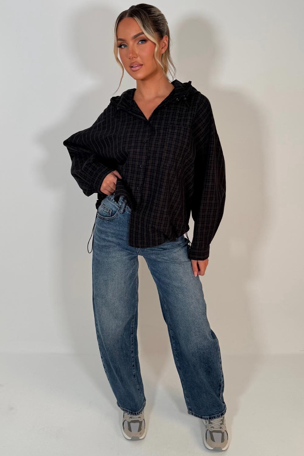 womens hooded checked jacket navy styledup uk