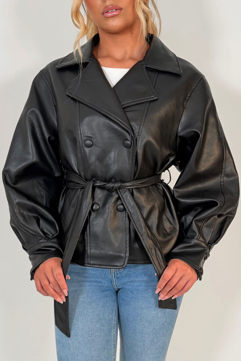 womens faux leather jacket with lapel collar for winter styledup uk