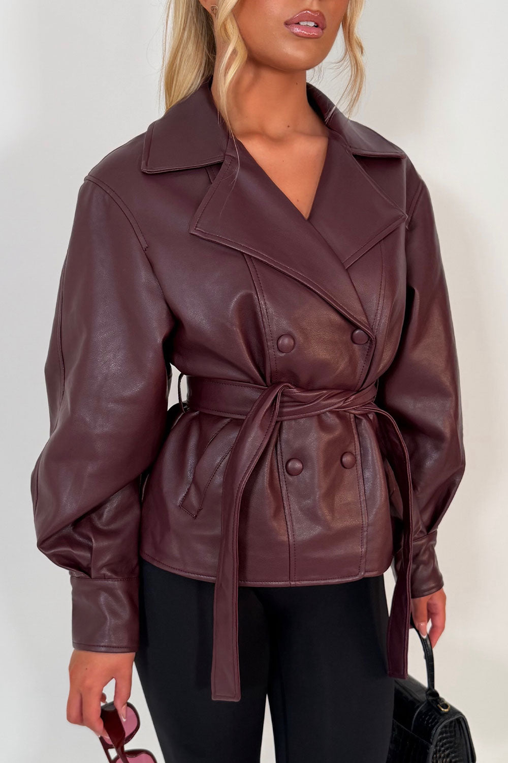 womens faux leather double breasted jacket with belt and lapel collars winter jacket styledup uk zara 