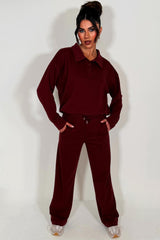 womens loungewear half button up front collared sweatshirt and joggers tracksuit set airport outfit