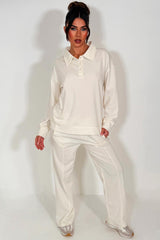 womens loungewear half button up front collared sweatshirt and joggers tracksuit set airport outfit