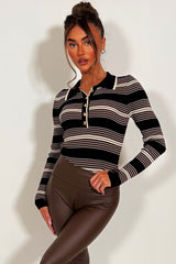 womens long sleeve collared bodysuit top brown stripes styledup