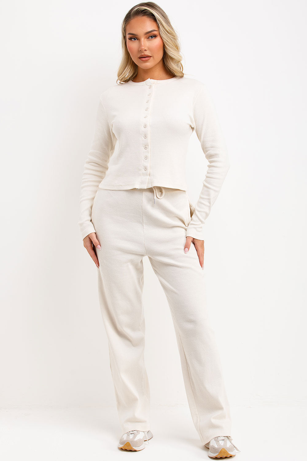 button up long sleeve top and trousers loungewear co ord set molly mae airport outfit