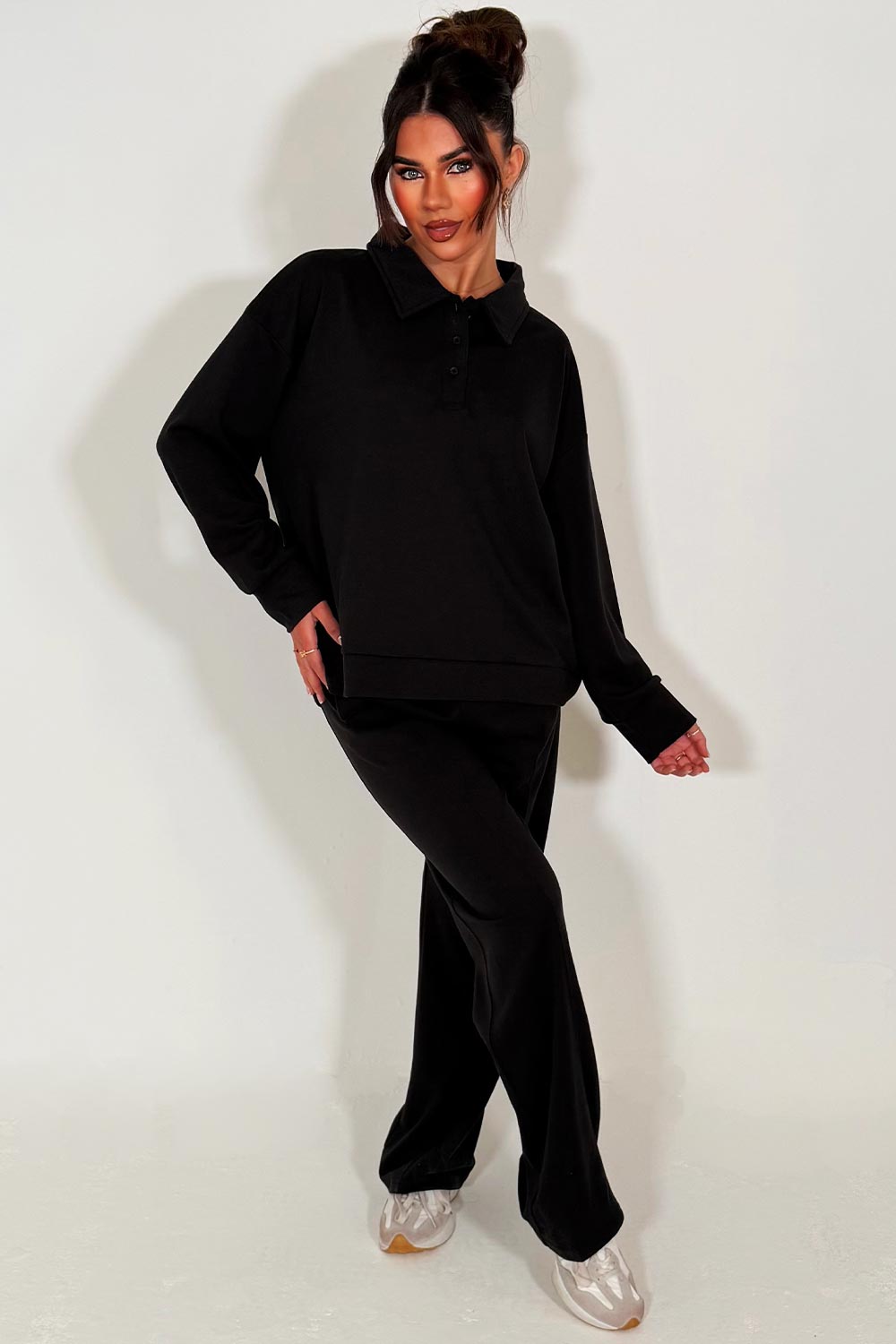 womens half button up front collared sweatshirt and joggers loungewear co ord airport outfit