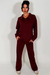 womens half button up front collared sweatshirt and joggers loungewear co ord airport outfit
