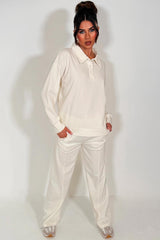 womens half button up front collared sweatshirt and joggers loungewear co ord airport outfit