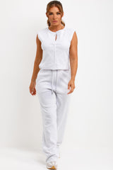 button up sleeveless top and trousers two piece co ord womens airport outfit set styledup