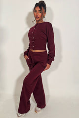 womens crop compress waist button up sweatshirt and wide leg jogger two piece tracksuit set loungewear co ord 