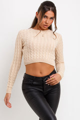 cable knit long sleeve crop jumper beige