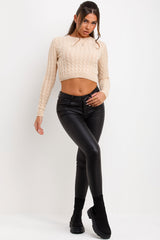 long sleeve cable knit crop jumper beige