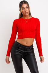 cable knit long sleeve crop jumper red