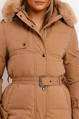 womens long padded puffer coat with fur hood and waist belt