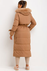 womens faux fur hooded longline padded puffer coat