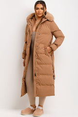 womens padded puffer coat with fur hood and belt