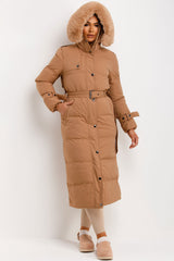 fur hood long padded puffer coat womens