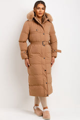 faux fur hood padded puffer coat with belt womens