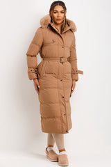 faux fur hood long puffer padded quilted coat for womens