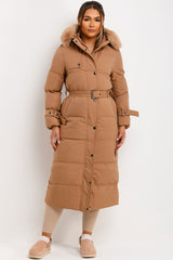 womens faux fur hood long padded puffer coat with belt winter outerwear