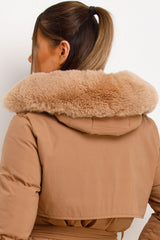 womens long puffer padded coat with faux fur hood and belt