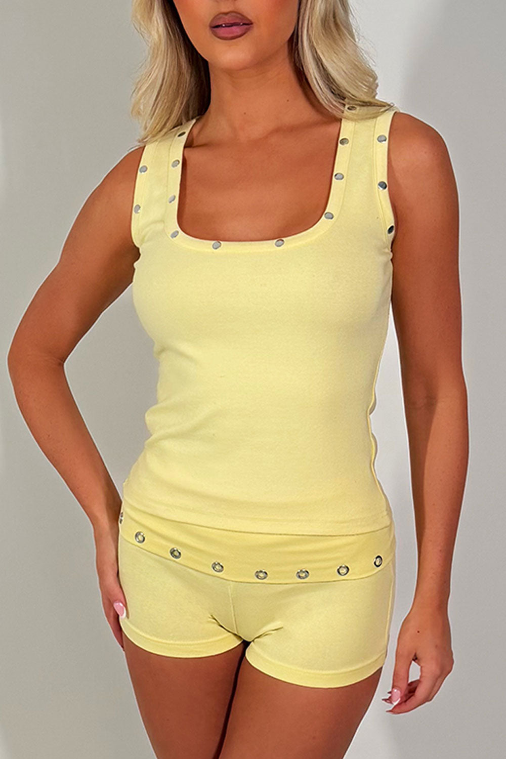 studded eyelet detail fold over shorts and top co ord set summer holiday outfit for womens edikted styledup uk