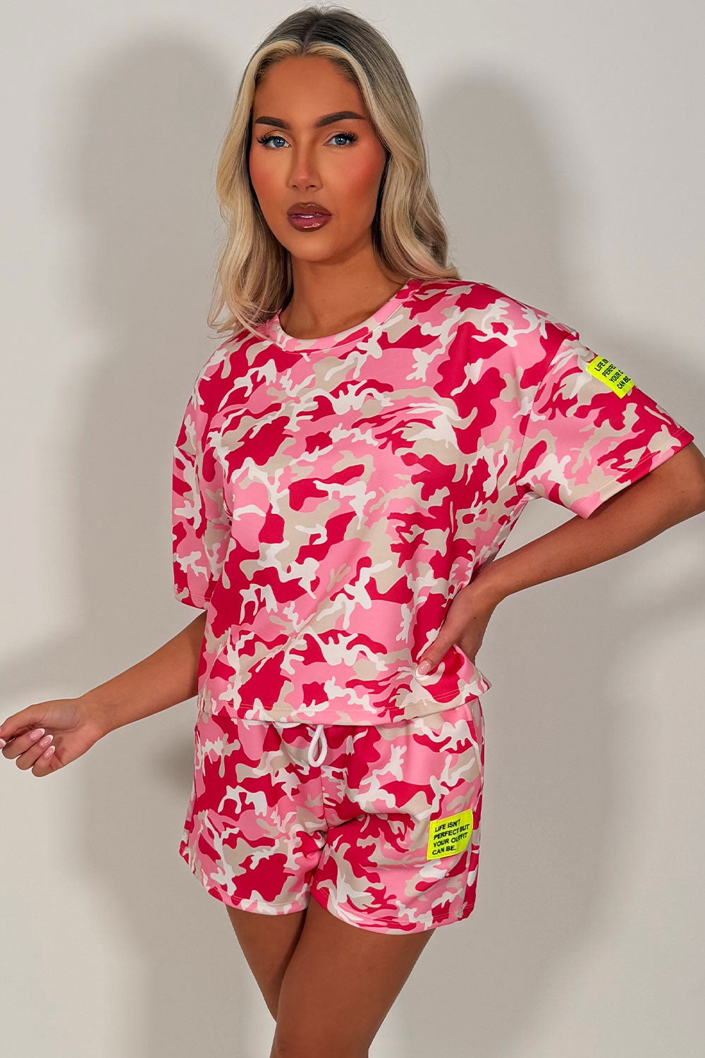 pink camouflage t shirt and shorts co ord set styledup uk 