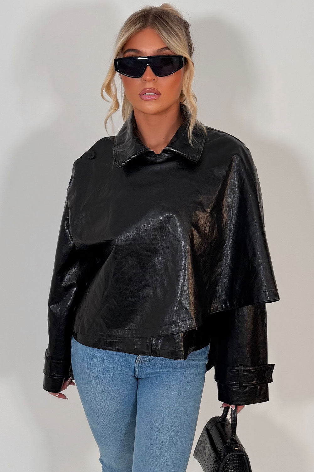 womens black faux leather jacket with scarf detail styledup uk